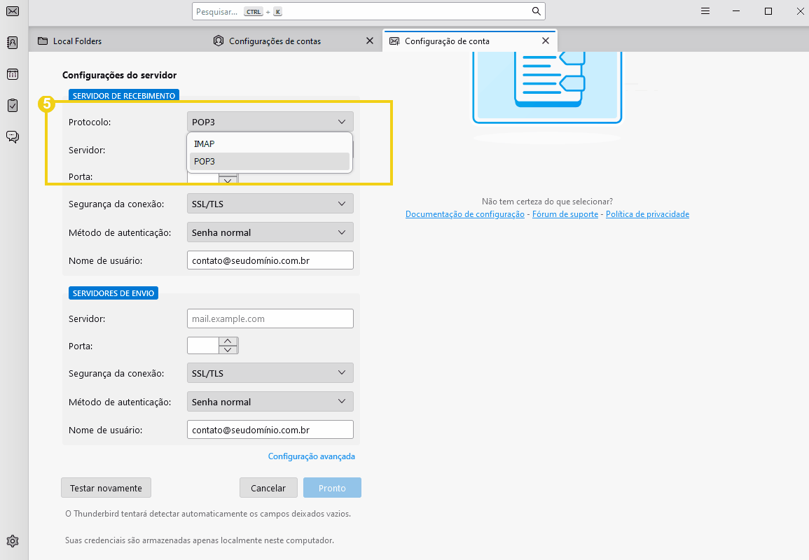 Configuração de servidor de recebimento e envio de e-mails através de painel de controle de contas de email com opções para protocolos de entrada, IMAP ou POP