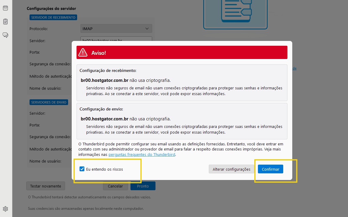 Tela de alerta sobre conexão sem SSL de uma conta de e-mail no thunderbird