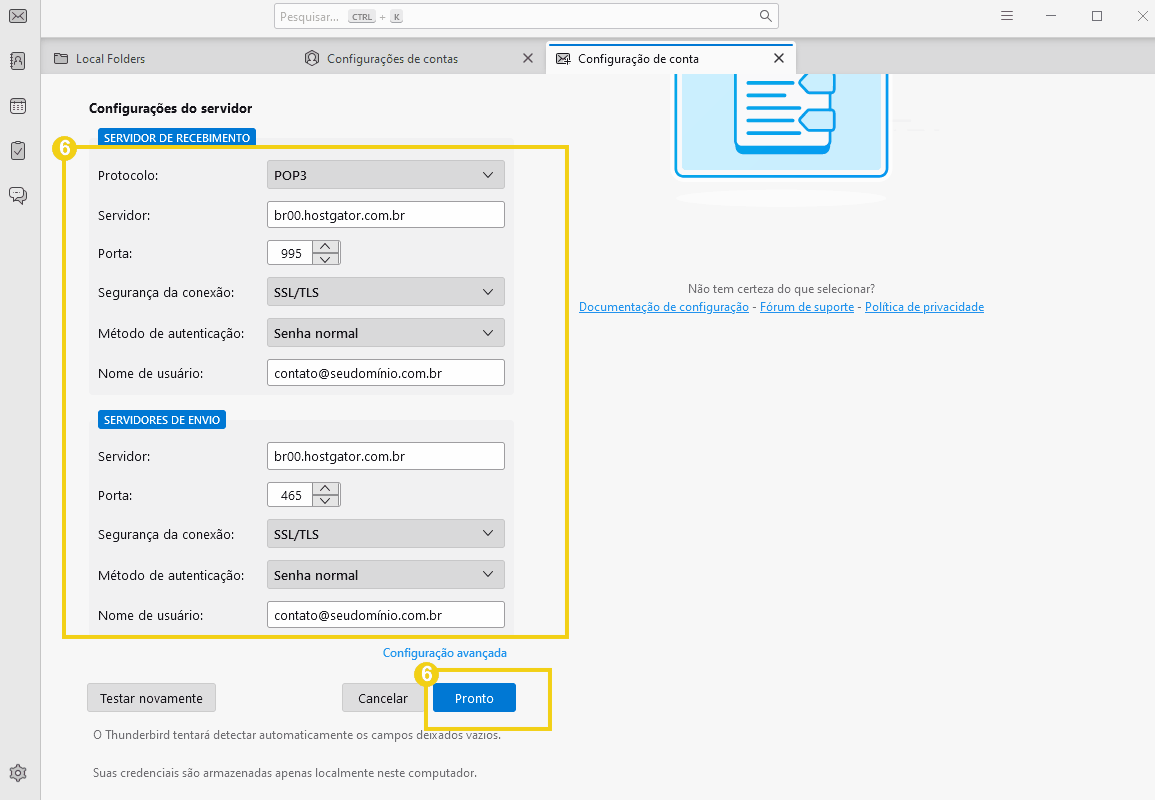 Configuração de servidor de e-mail no painel de controle, mostrando detalhes de autenticação e portas para SMTP e IMAP. 