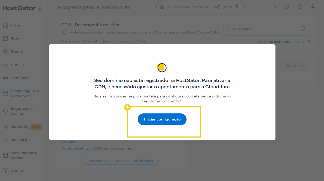 Imagem de uma tela da plataforma HostGator indicando que o domínio não foi registrado pela HostGator e deve ser configurado