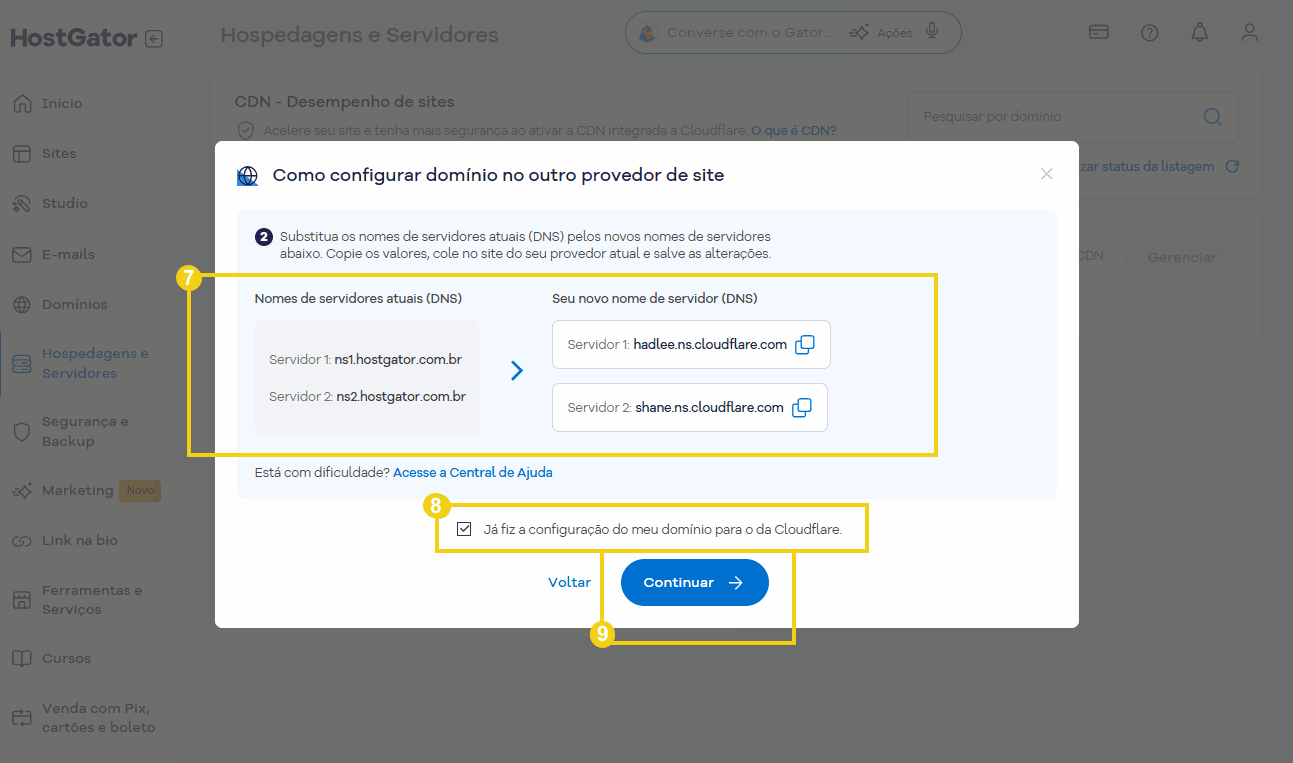 Instruções para configurar domínio no Cloudflare, destacando a troca de servidores DNS e a confirmação da configuração para ativar a CDN 