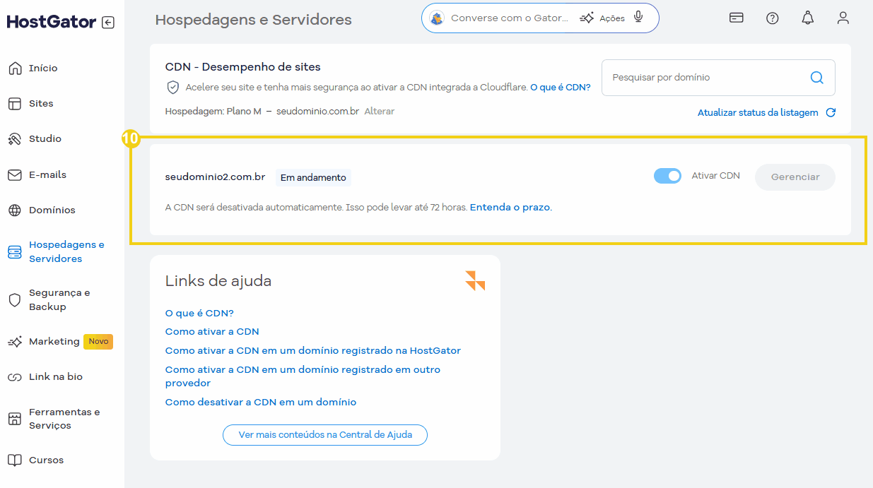 Tela de gerenciamento de CDN no painel do HostGator, destacando o status de ativação do CDN para o site seudominio2.com.br com opção de gerenciamento.