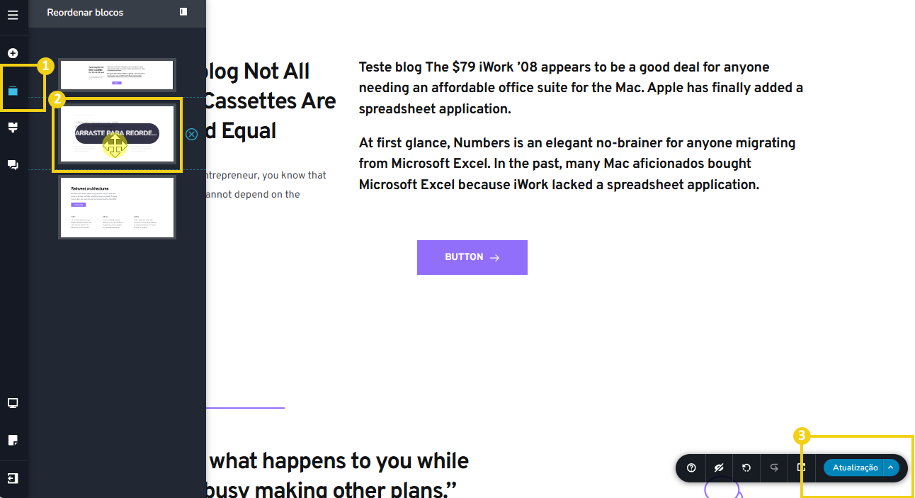 Imagem mostra a tela de edição do blog, com a marcação no recurso para reordenar os blocos
