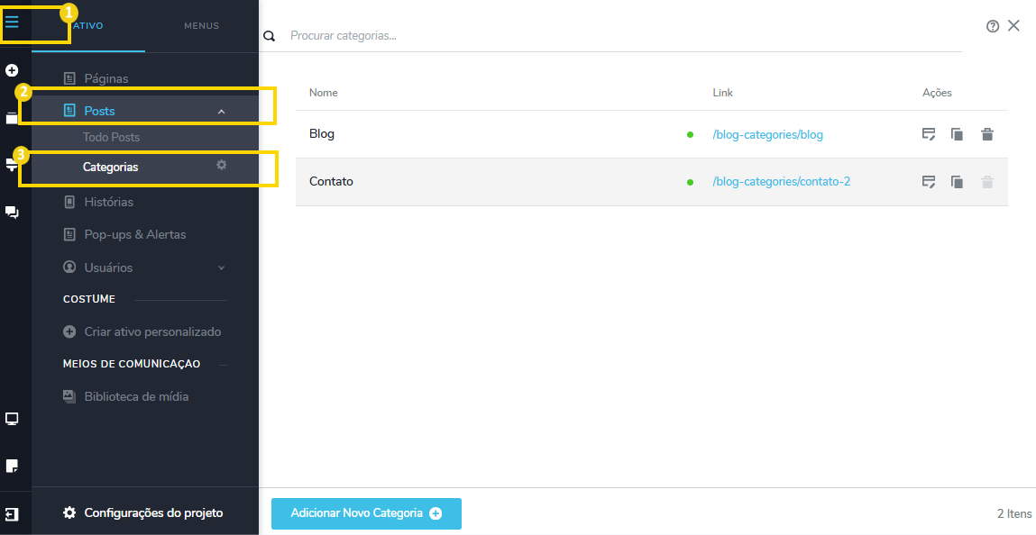 Imagem mostra a tela do editor de sites com as marcações para acesso ao editor do blog