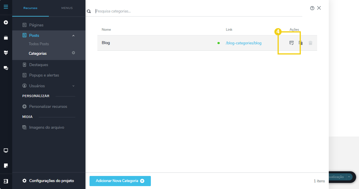 Imagem mostra a tela do editor de sites com a marcação no botão com ícone de editar
