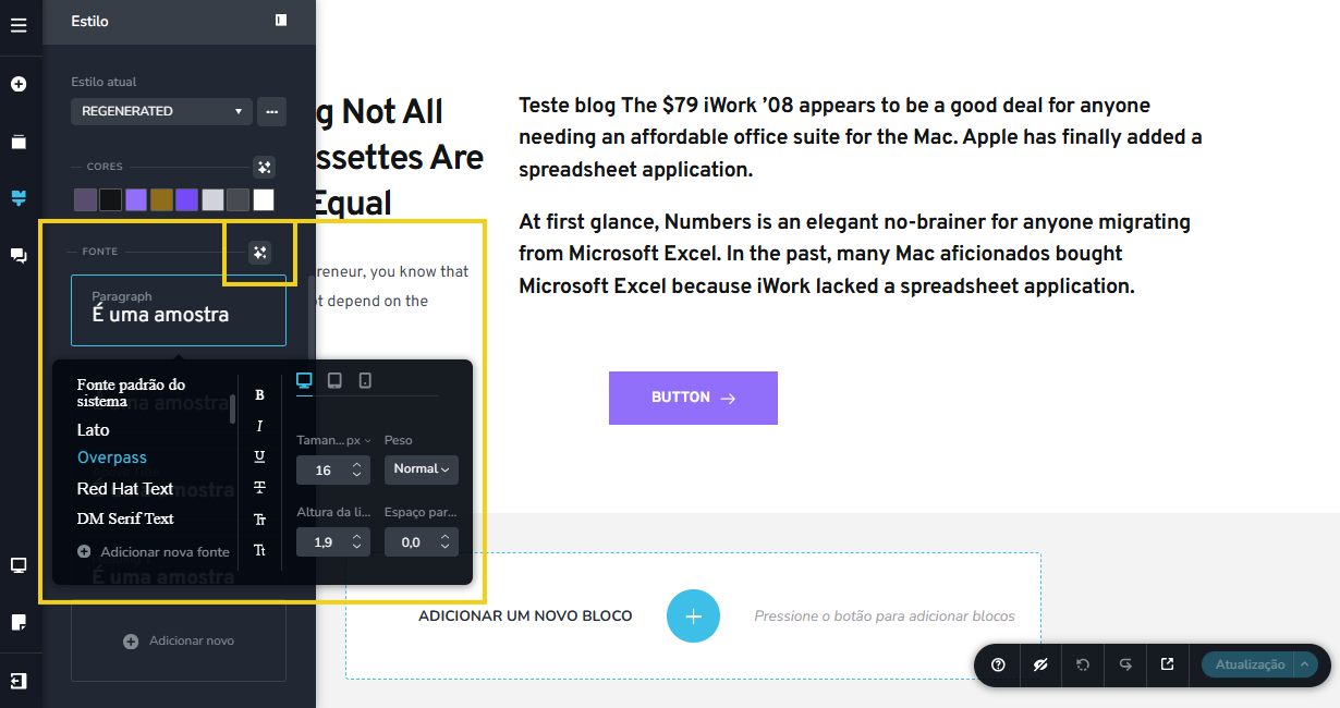 Imagem mostra a tela de edição do blog, com a marcação no recurso para alterar a fonte do blog