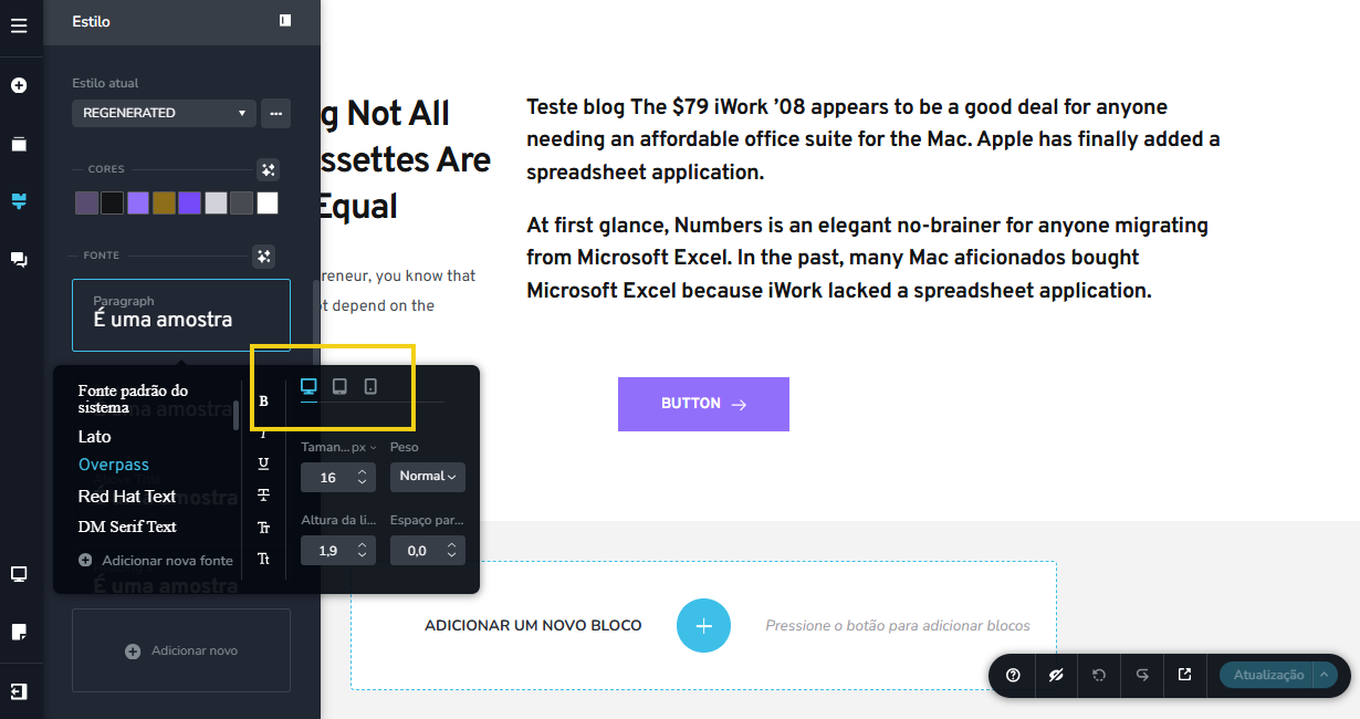 Imagem mostra a tela de edição do blog, com a marcação no recurso para alterar a fonte de acordo com o dispositivo