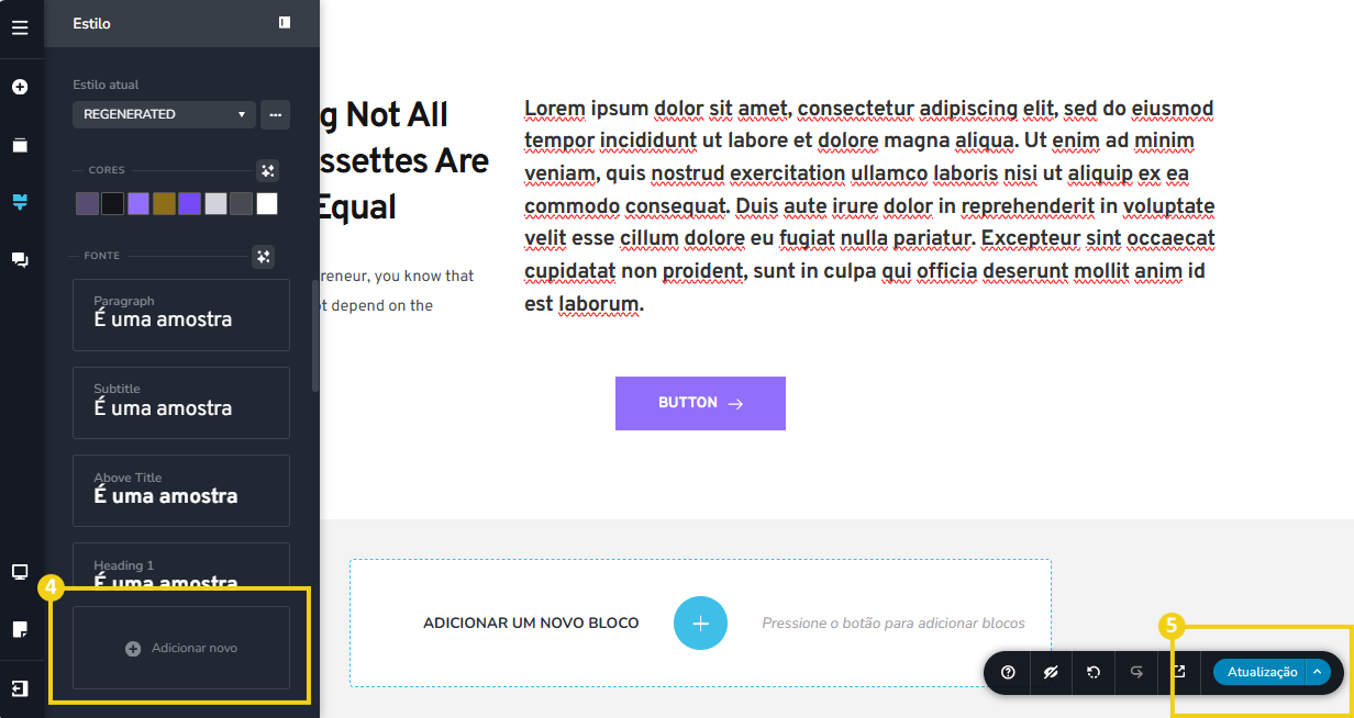 Imagem mostra a tela de edição do blog, com a marcação no recurso para adicionar um novo estilo de fonte e ao concluir as edições a marcação no botão "Atualização"