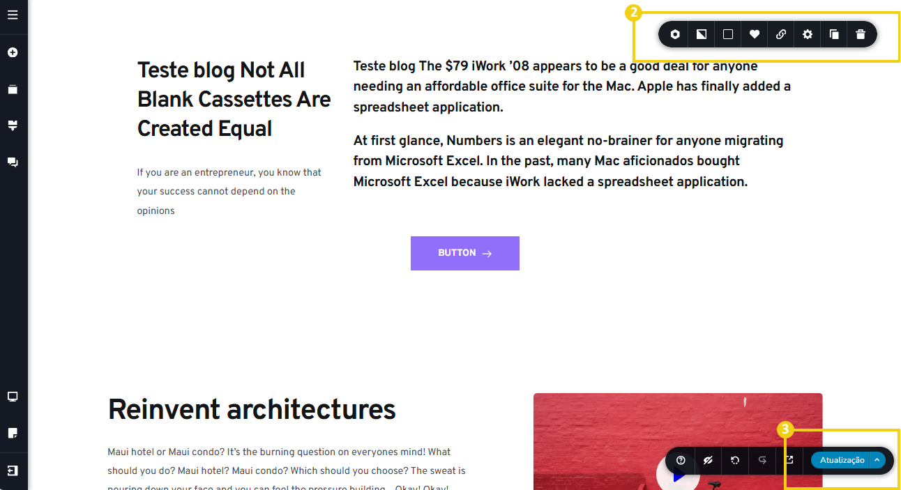 Imagem mostra a tela de edição do blog, com a marcação no recurso para utilizar o menu de ferramentas e salvar as alterações