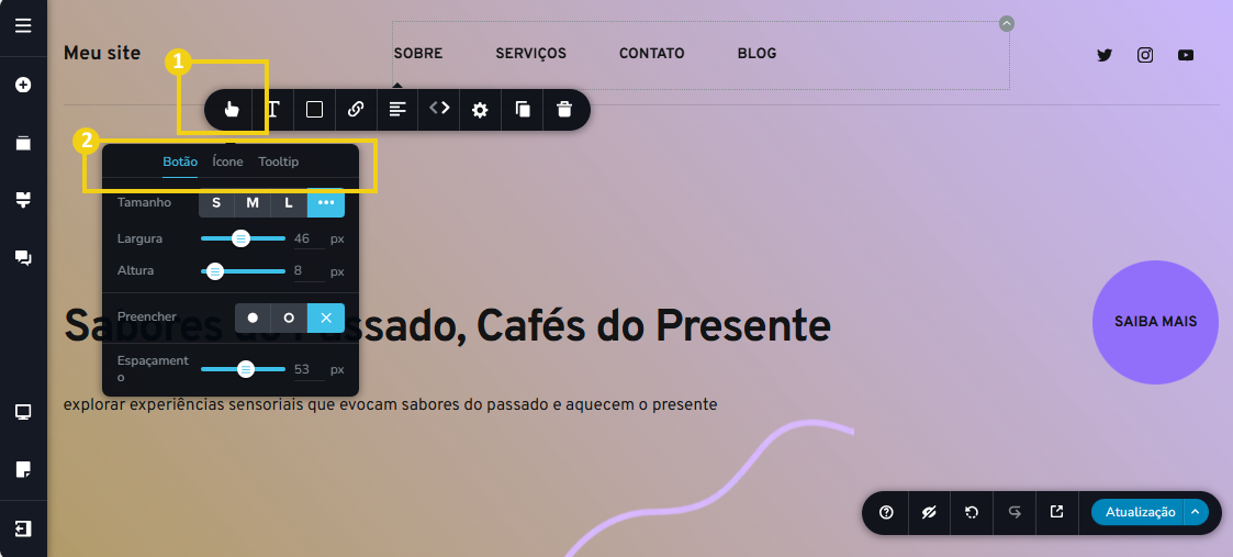 Imagem mostra a tela do editor do Criador de Sites com IA, com marcação no menu de ferramentas e nas configurações