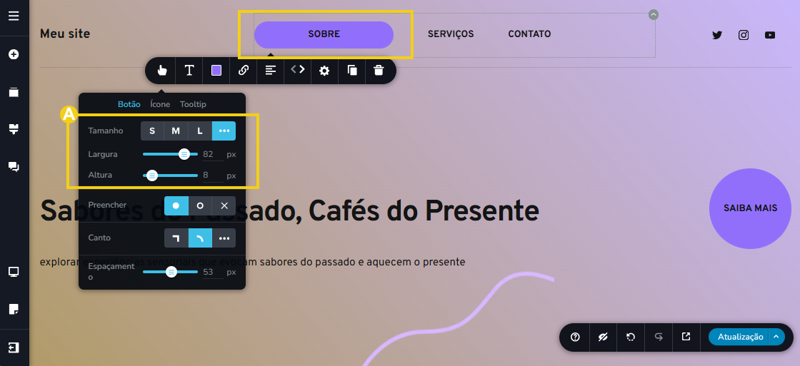 Imagem mostra a tela do editor do Criador de Sites com IA, com marcação nas configurações de tamanho do botão