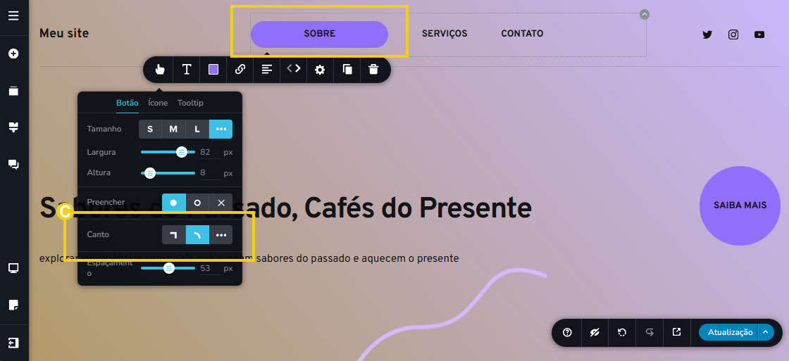 Imagem mostra a tela do editor do Criador de Sites com IA, com marcação nas configurações das bordas do botão