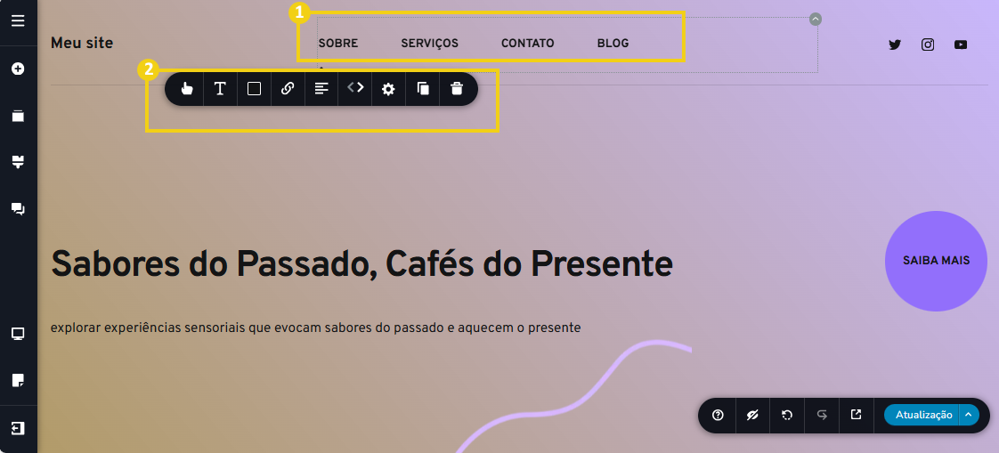 Imagem mostra a tela do editor do Criador de Sites com IA, para editar o menu principal