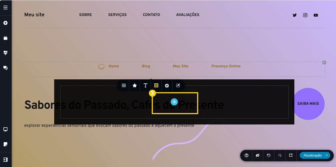 Imagem mostra a tela do editor do Criador de Sites com IA, com marcação no botão de mais