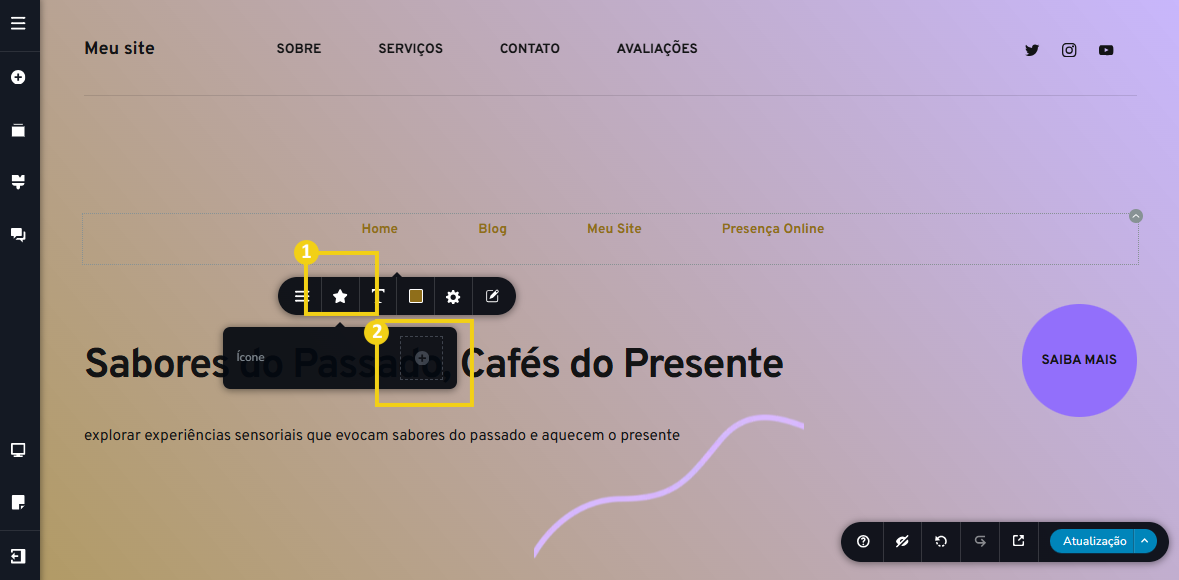Imagem mostra a tela do editor do Criador de Sites com IA, com marcação no botão de estrela e no botão de upload
