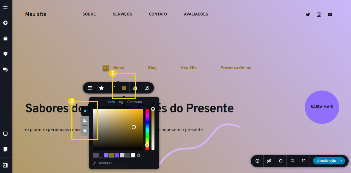 Imagem mostra a tela do editor do Criador de Sites com IA, com marcação nas configurações de cores