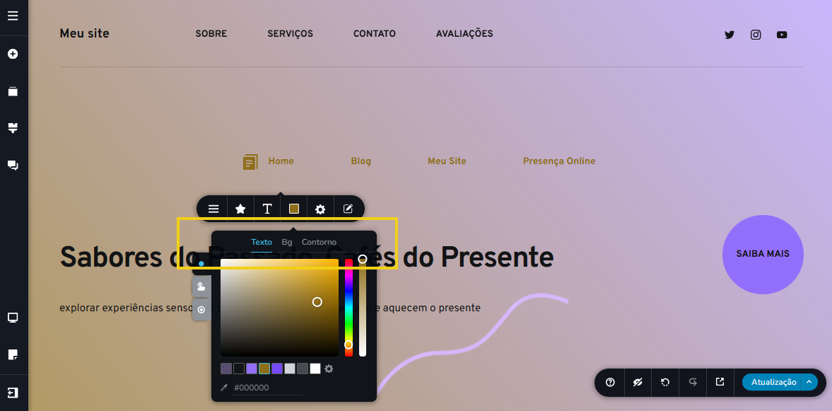 Imagem mostra a tela do editor do Criador de Sites com IA, com marcação nas abas que são possíveis configurar