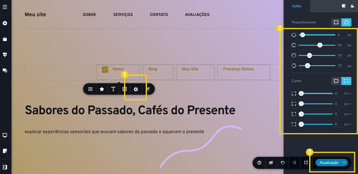 Imagem mostra a tela do editor do Criador de Sites com IA, com marcação nos recursos para definir preenchimento e bordas