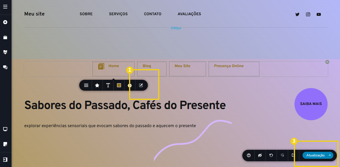 Imagem mostra a tela do editor do Criador de Sites com IA, com marcação no botão que leva a edição da página