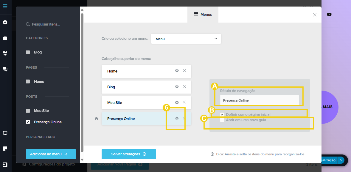 Imagem mostra a tela do editor do Criador de Sites com IA, com marcação nas configurações que pode fazer no menu adicionado