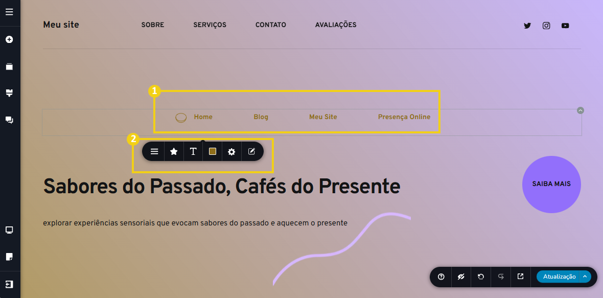 Imagem mostra a tela do editor do Criador de Sites com IA, com marcação no menu adicionado e a barra de ferramentas
