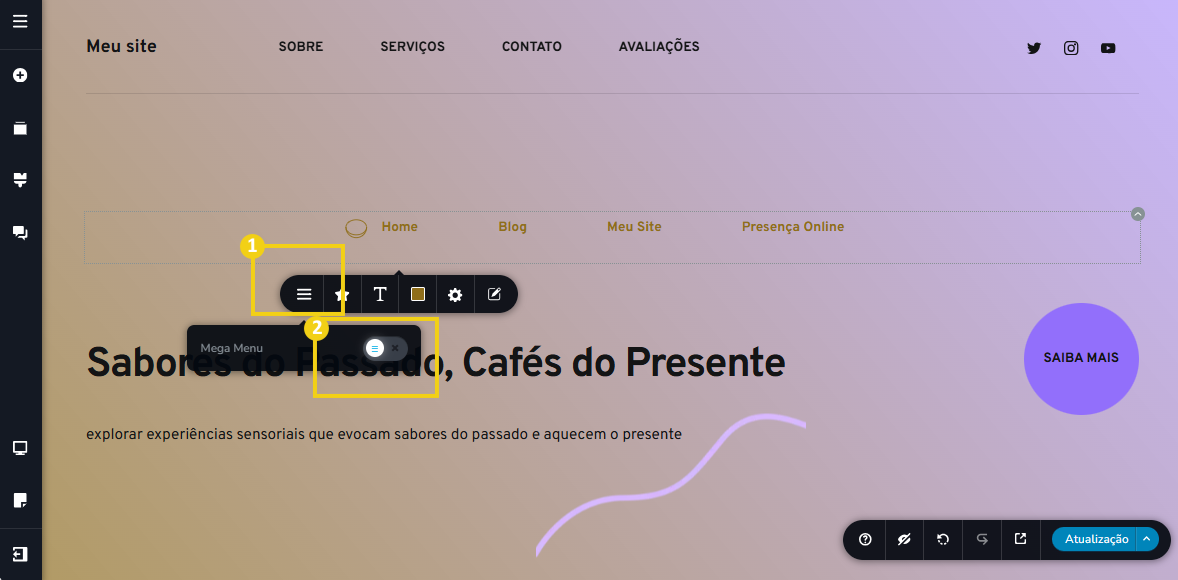 Imagem mostra a tela do editor do Criador de Sites com IA, com marcação no botão e na ativação do mega menu