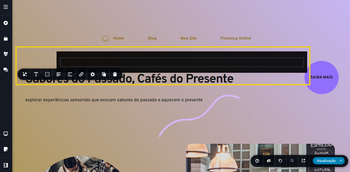 Imagem mostra a tela do editor do Criador de Sites com IA, com marcação na caixa de texto