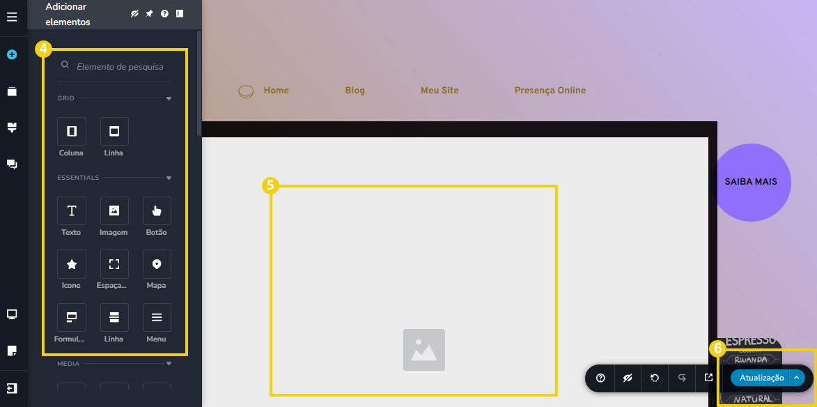 Imagem mostra a tela do editor do Criador de Sites com IA, com marcação no menu "Adicionar elementos", na caixa do mega menu e no botão salvar, que é chamado "Atualização"