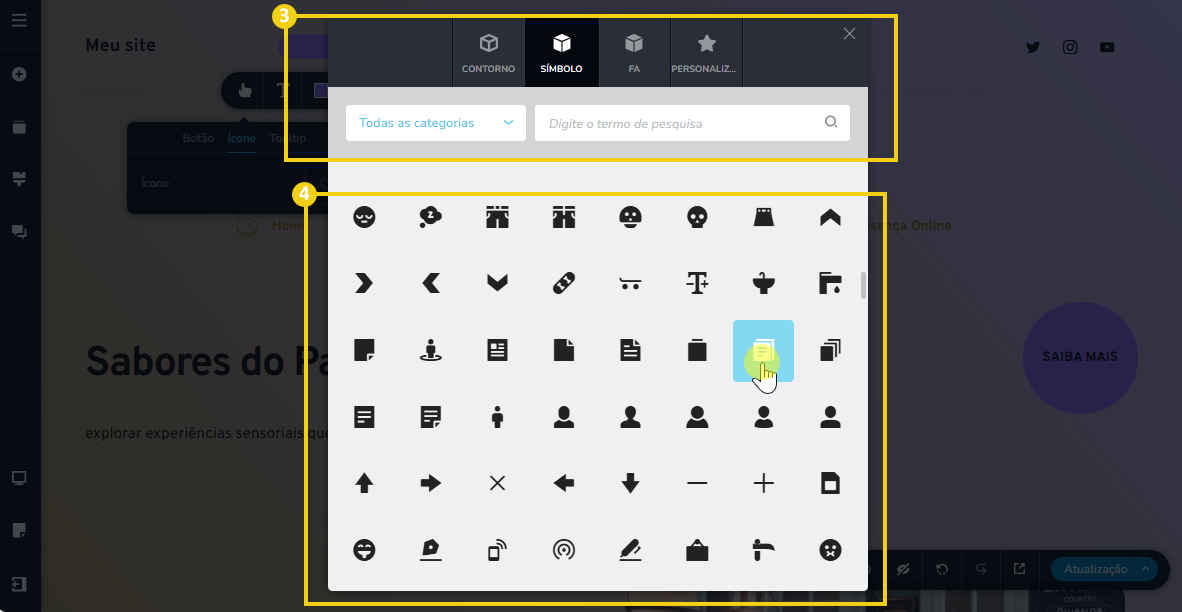 Imagem mostra a tela do editor do Criador de Sites com IA, com marcação nos ícones que são disponíveis