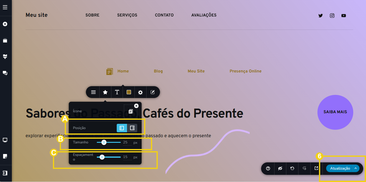 Imagem mostra a tela do editor do Criador de Sites com IA, com marcação nas configurações do ícone