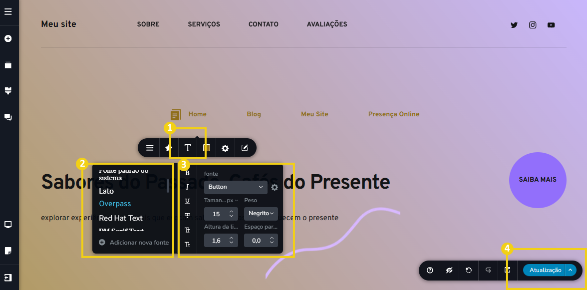 Imagem mostra a tela do editor do Criador de Sites com IA, com marcação nas opções de configuração da fonte