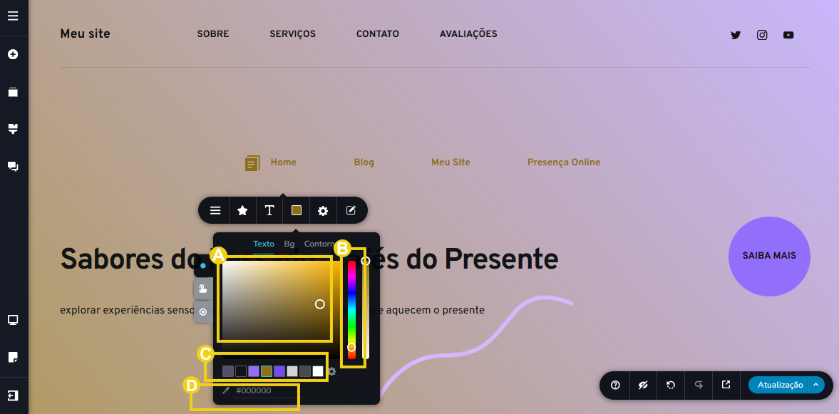 Imagem mostra a tela do editor do Criador de Sites com IA, com marcação nos recursos para definir as cores