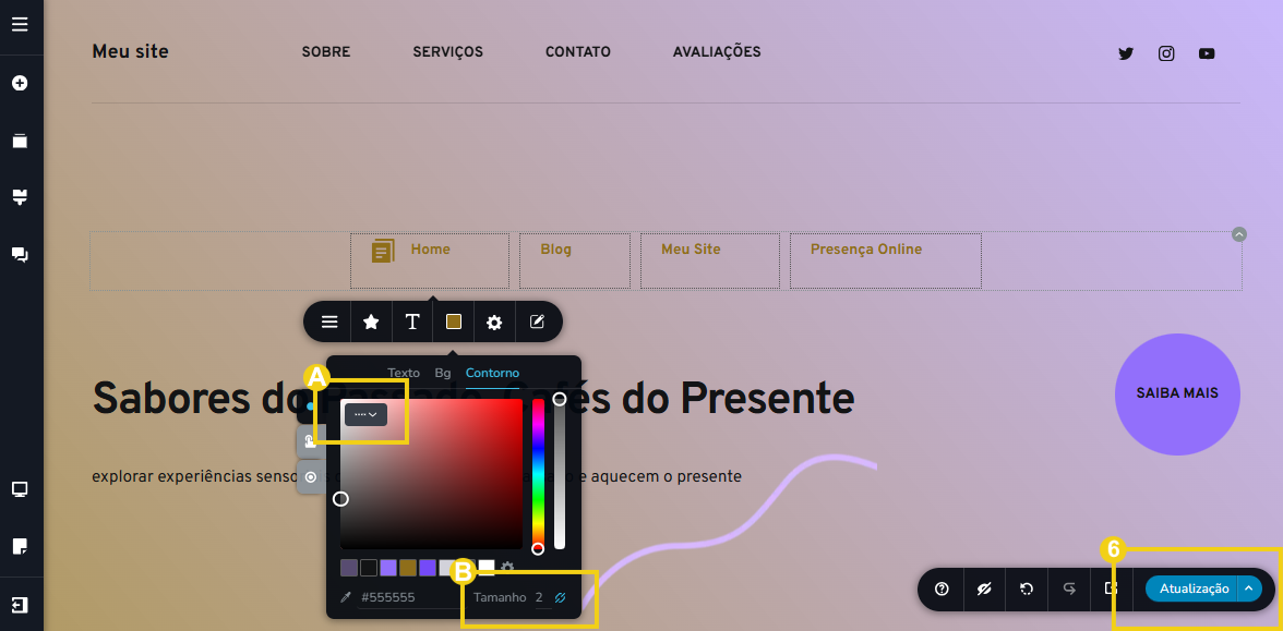 Imagem mostra a tela do editor do Criador de Sites com IA, com marcação nos recursos para definir o contorno e a marcação no botão para salvar, que é chamado "Atualização"
