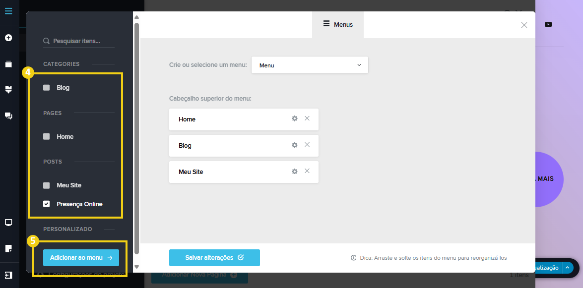 Imagem mostra a tela do editor do Criador de Sites com IA, com marcação nos itens de menu que pode adicionar
