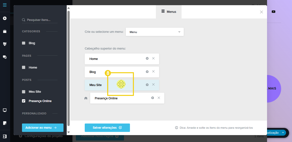 Imagem mostra a tela do editor do Criador de Sites com IA, com marcação nas configurações no ícone que aparece para reordenar