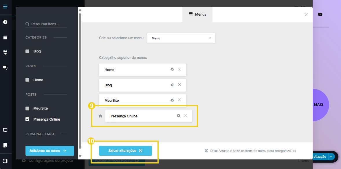 Imagem mostra a tela do editor do Criador de Sites com IA, com marcação nas configurações no item de menu que foi definido como submenu e no botão "Salvar alterações"