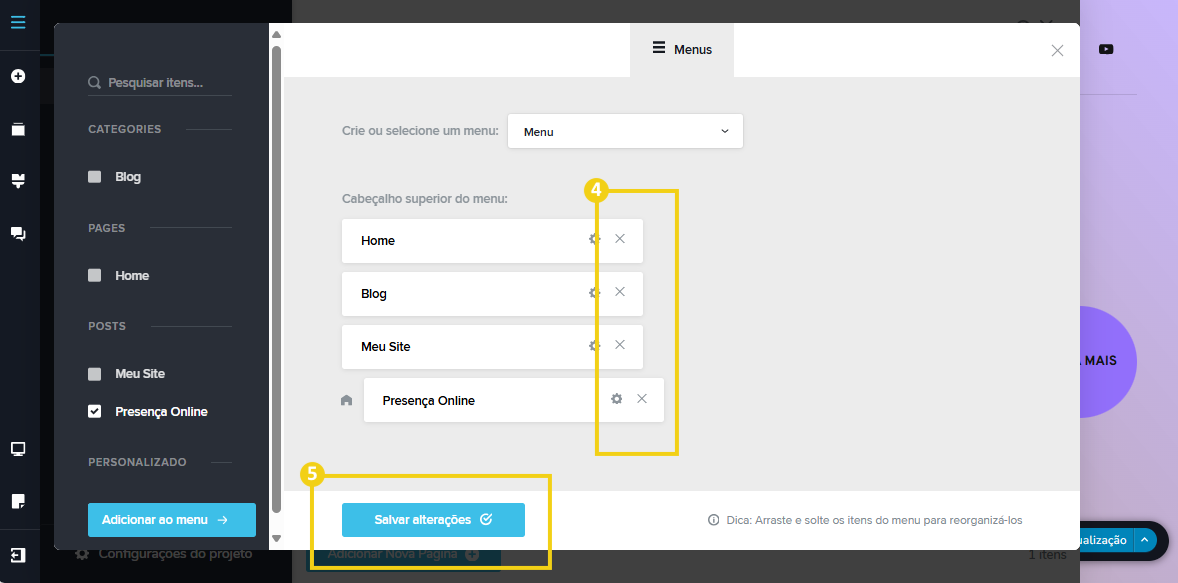 Imagem mostra a tela do editor do Criador de Sites com IA, com marcação nas configurações nos ícones de X para remover