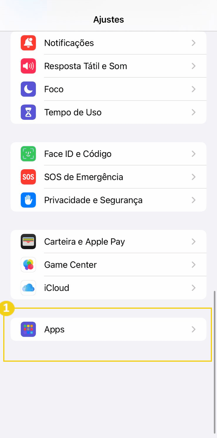  Imagem da tela de configurações de aplicativos no iPhone, com destaque para opção de Apps