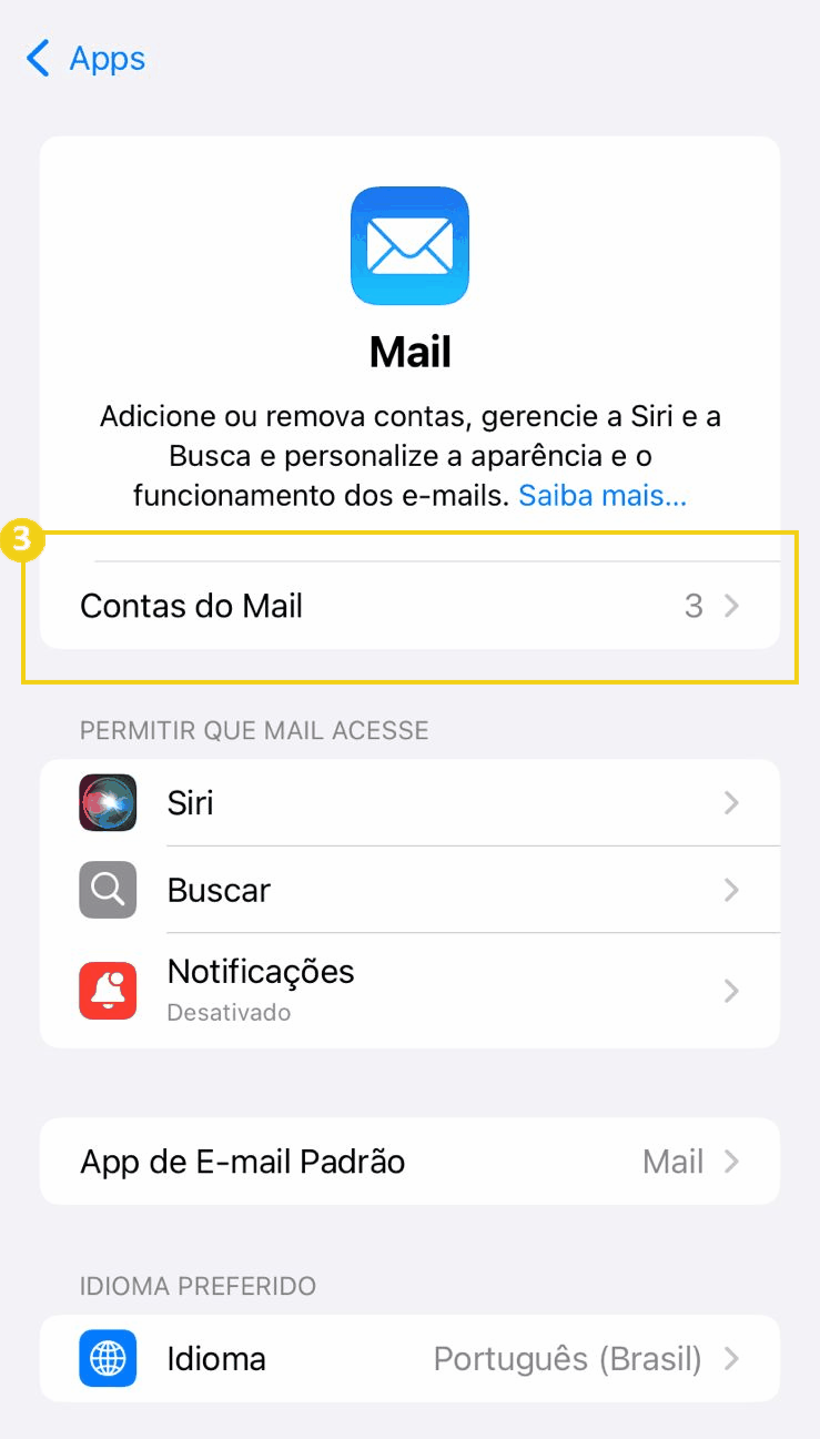 Tela de configuração do aplicativo Mail no smartphones, mostrando opções para gerenciar e adicionar contas de e-mail. 