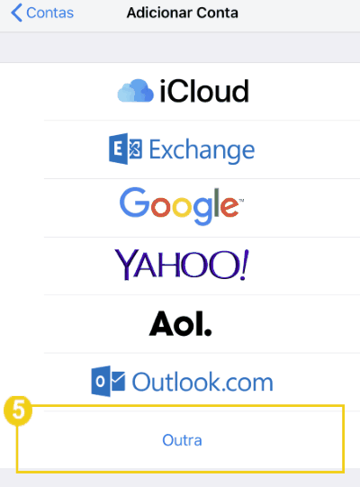 Tela de opções para adicionar conta de email, incluindo iCloud, Exchange, Gmail, Yahoo, AOL, com destaque para a opção Outros. 