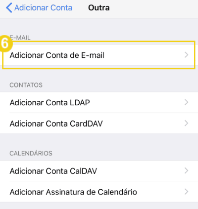 Tela de configurações de contas adicionais em um dispositivo móvel, incluindo opções para adicionar conta de e-mail 