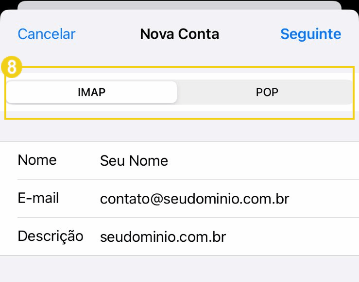 Captura de tela de uma tela de cadastro de conta de e-mail, exibindo opções de IMAP e POP, e campos para nome, e-mail e descrição. 