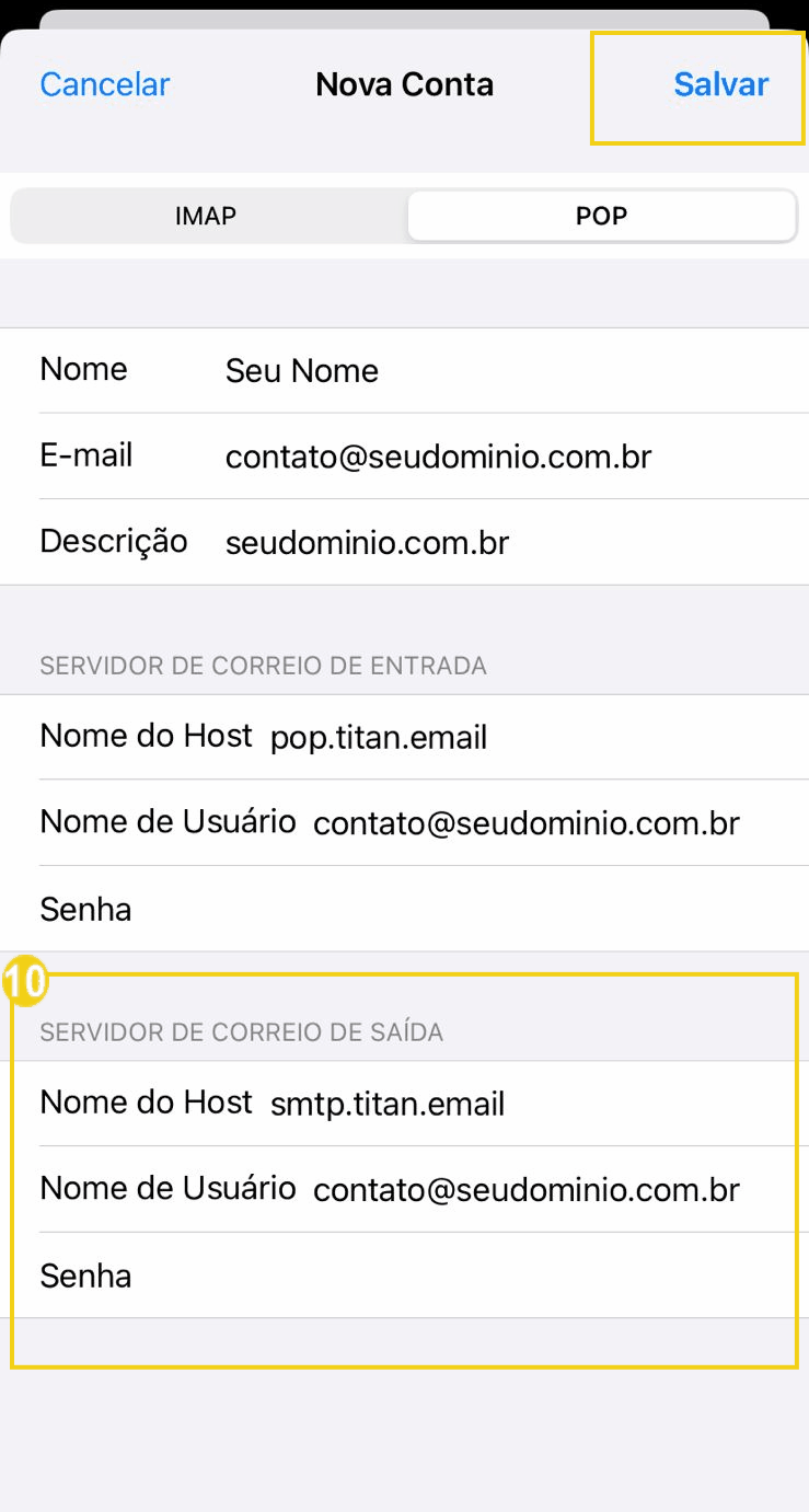 Captura de tela da criação de nova conta de email em dispositivo móvel, incluindo opções de preenchimento do SMTP da conta titan