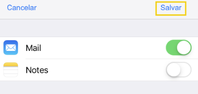 Imagem mostrando uma tela de configuração de email, onde a opção de salvar está destacada em azul, e o botão salvar visível no canto superior direito.