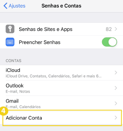  Tela de configurações de senhas e contas em dispositivo móvel com opção 'Adicionar Conta' destaque na imagem.