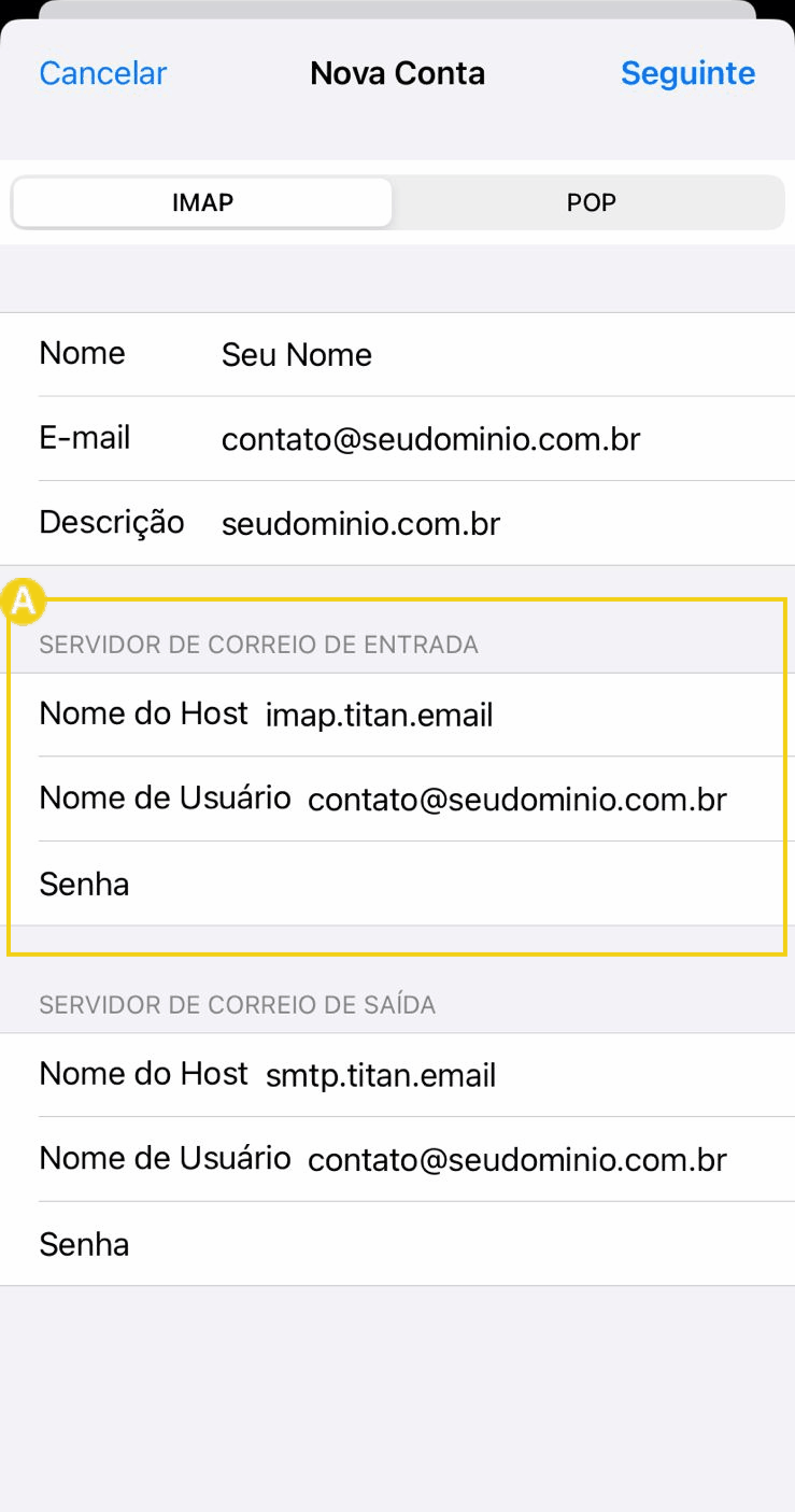  Imagem de formulário de criação de conta de email em português, mostrando campos de informações pessoais e configurações de servidores de correio de entrada na opção IMAP