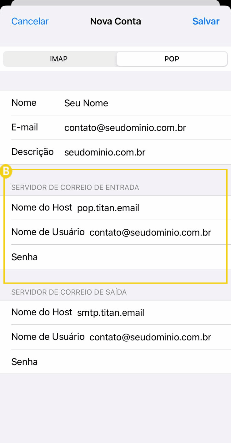  Imagem de formulário de criação de conta de email em português, mostrando campos de informações pessoais e configurações de servidores de correio de entrada na opção POP