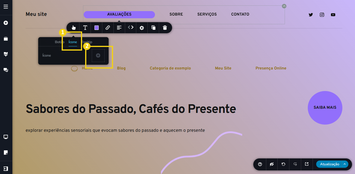 Imagem mostra a tela do editor do Criador de Sites com IA, com marcação em ícone e upload