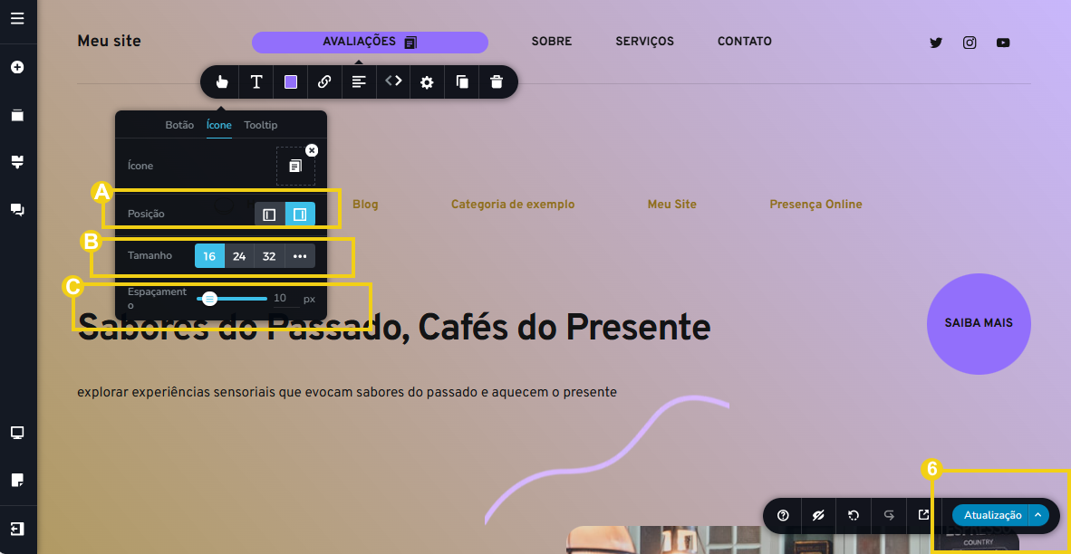 Imagem mostra a tela do editor do Criador de Sites com IA, com marcação nas configurações de posição, tamanho, espaçamento e no botão salvar, que é chamado de "Atualização"