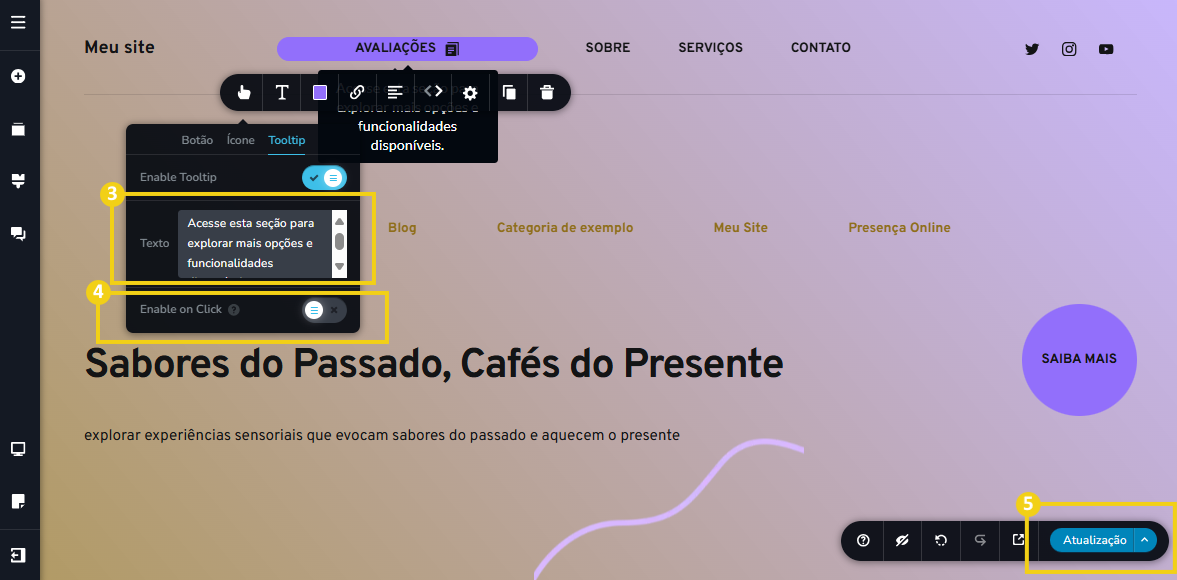 Imagem mostra a tela do editor do Criador de Sites com IA, com marcação na caixa de texto, forma de ativação e no botão salvar, que é chamado "Atualização"